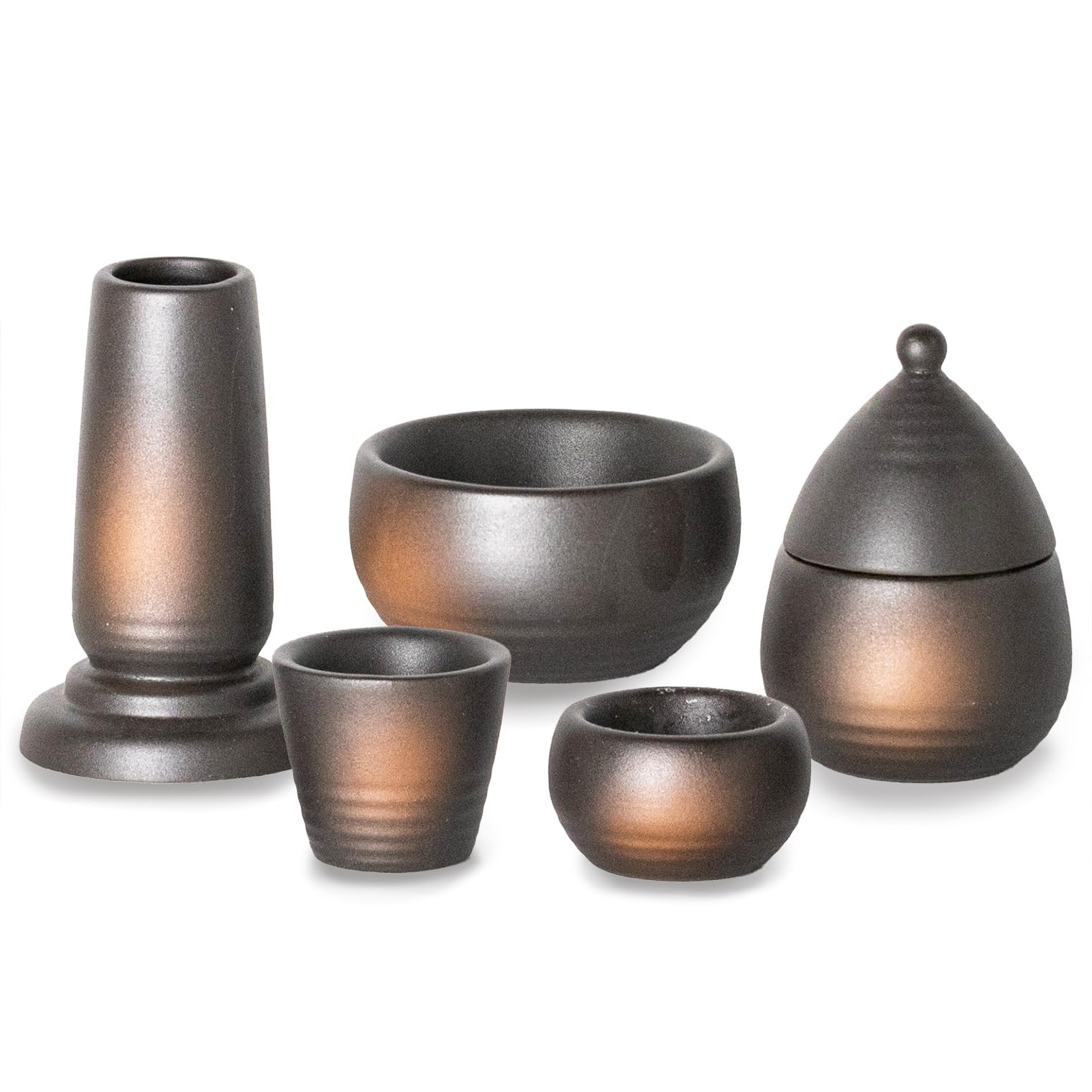 

Ceramic Arte Bizen-Blown Mini Buddhist Altar Set of 5 (Vase, Incense Burner, Candle Holder, Buddhist Rice Bowl, and Teacup) - Small, Made in Japan,