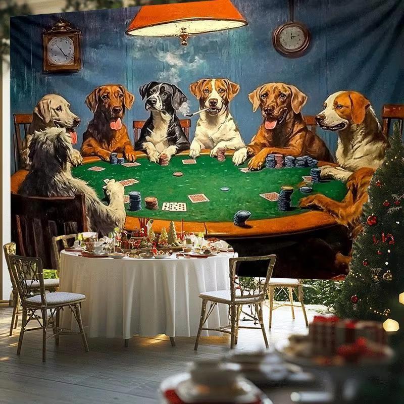 Dog Playing Poker Digital Print Tapestry, Funny Animals Polyester Wall Hanging For Living Room Bedroom Office Background Decor 40X60cm