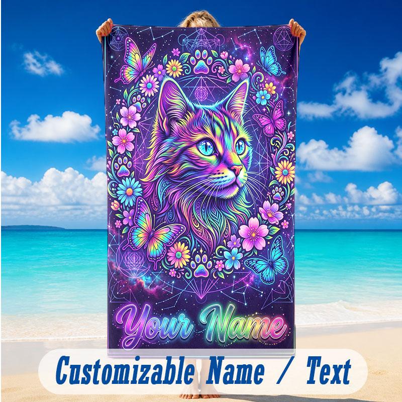 Cat Theme Beach Towel Personalized Custom Name & Text Soft Quick Dry Beach Towel for Swimming Travel
