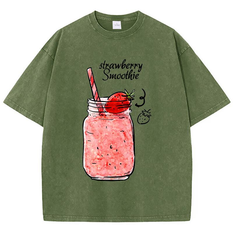 Strawberry Smoothie Print Washed TShirts Womens Cotton Tops Comfortable Distressed ONeck T Shirts Summer Casual Woman Clothes