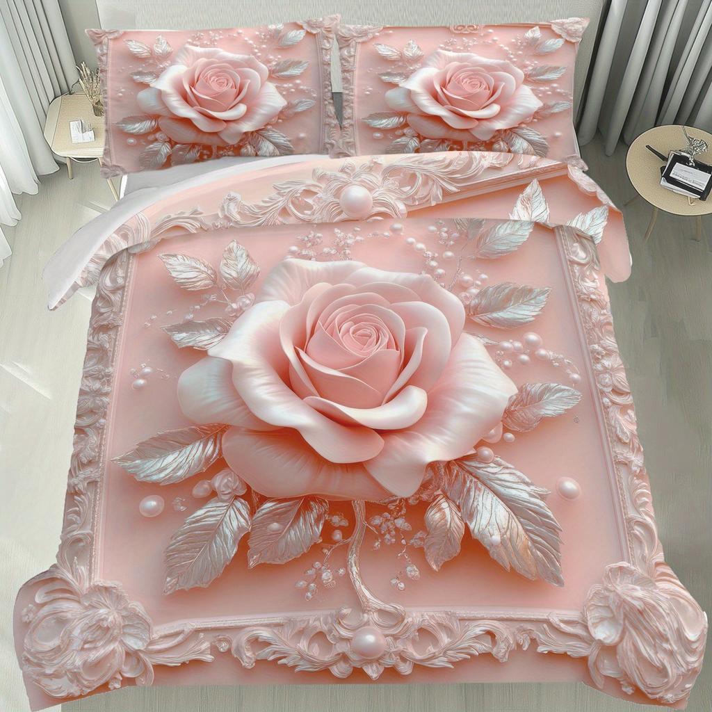 Pink Floral Bedding Set Duvet Cover Set Quilt Cover With Pillowcase For Bedroom Decor Birthday Gift For Girls Women Bedroom