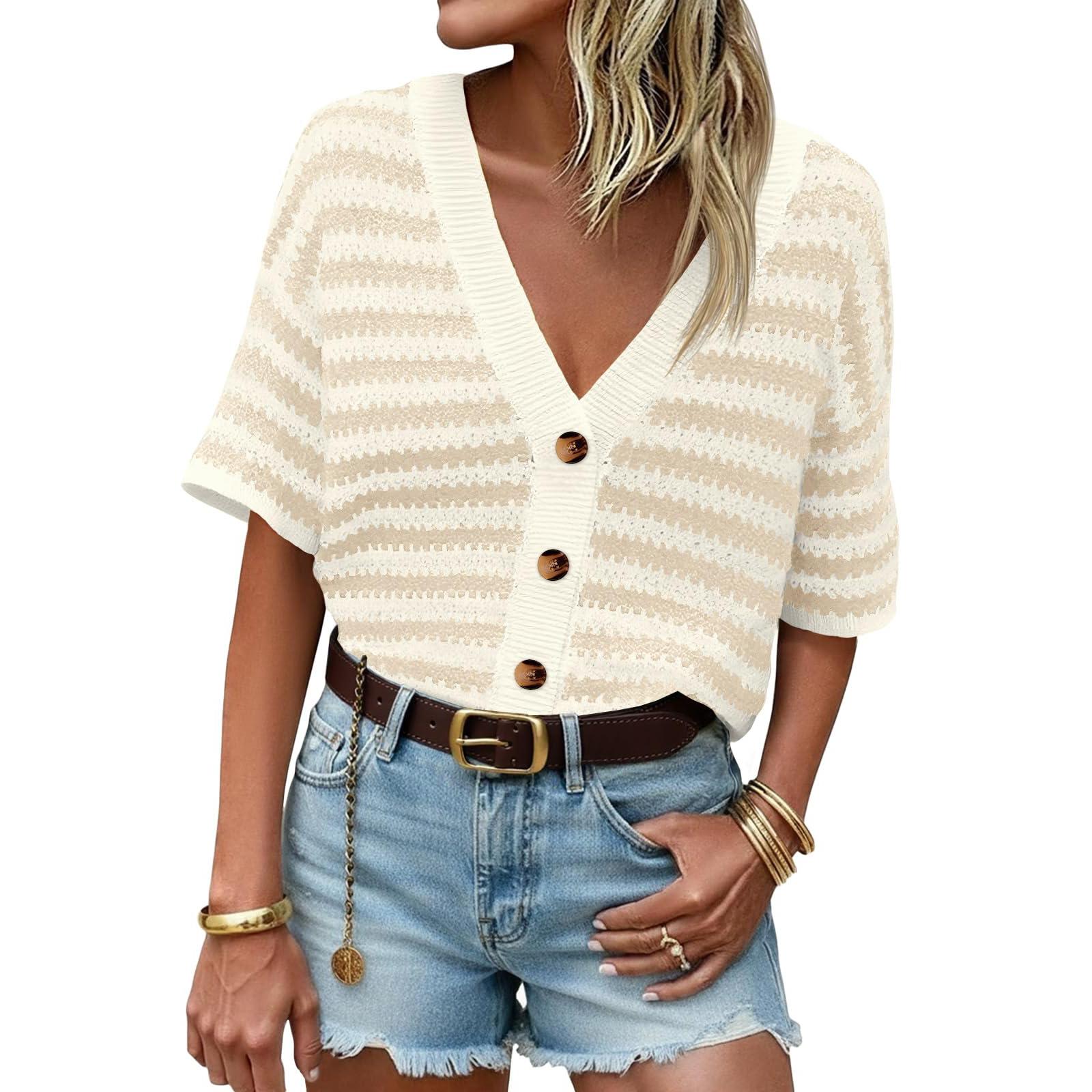 

Women s Fashionable Openwork Knitted Cardigan Short-Sleeved Striped Cardigan T-Shirt Top L бежевый