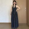 Plus-Size Women's French-Style Plaid Bow-Tie Halter Dress 2026 Summer Fashion Slimming Dress