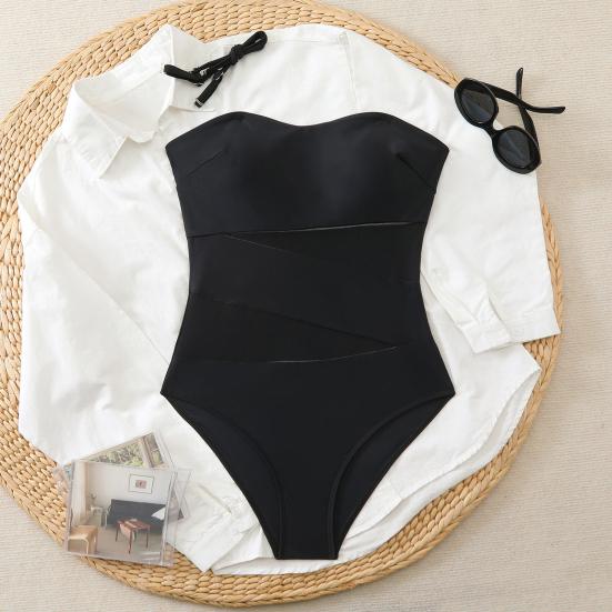 Damen Monokini Unifarbene Mesh-Einsätze Figurbetont Sexy Einteiler Badeanzug Strandmode
