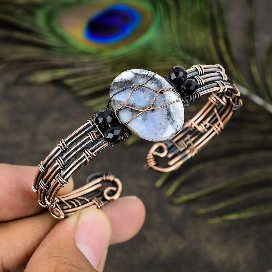 Natural Dendrite Opal Handmade Copper Wire Wrap Cuff Bangle Adjustable W5w23