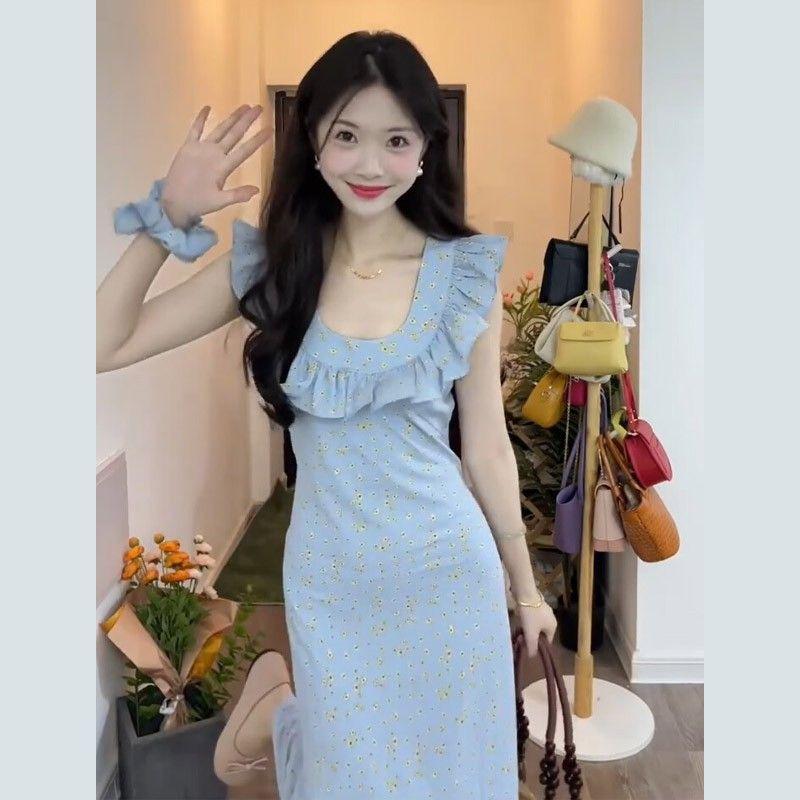 French romantic gentle small flying sleeves blue floral dress children's summer new seaside vacation dress