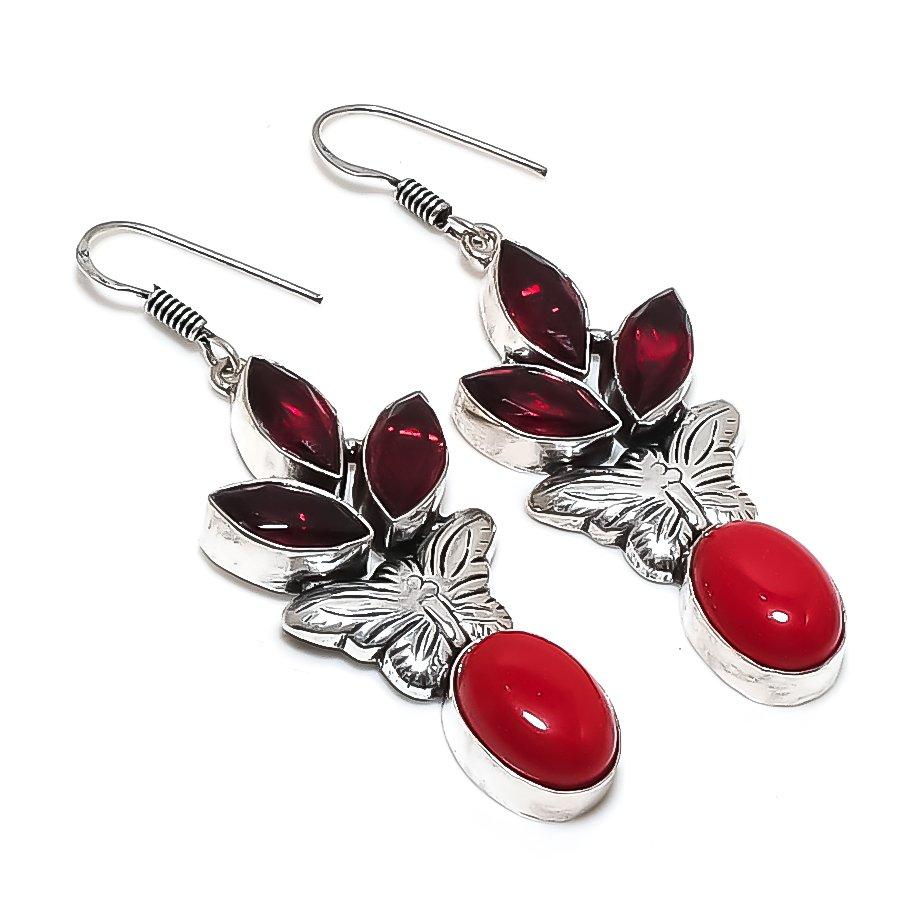 Natural Italian Red Coral, Garnet 925 Sterling Silver Jewelry Earring 2.48" P7k00