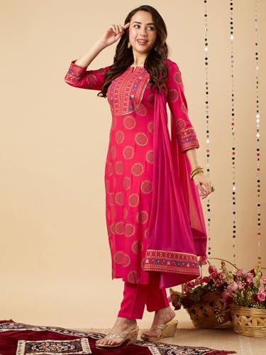 GoSriKi Women's Cotton Blend Printed Straight Kurta with Pant & Dupatta (NOV-Pink-GS_5XL_Pink_XXXXX-Large)