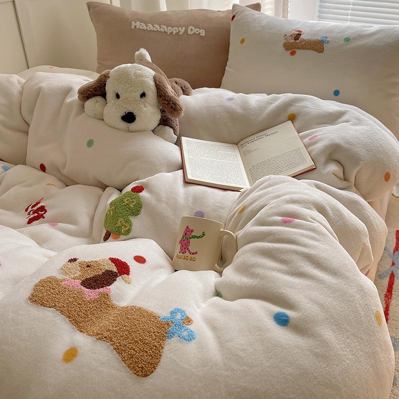 Thickened Milk Fleece Bed Four-Piece Set Fleece Quilt Cover Bed Sheet Coral Flannel Children'S Cartoon Bedding