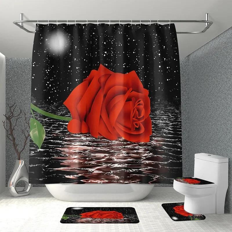 

1Pc Rose Flower Bathroom Curtain With 12 Hooks 3D Digital Printing Shower Curtain Fashion Polyester Waterproof Bathroom Decor W60H190(CM)-1 Pcs