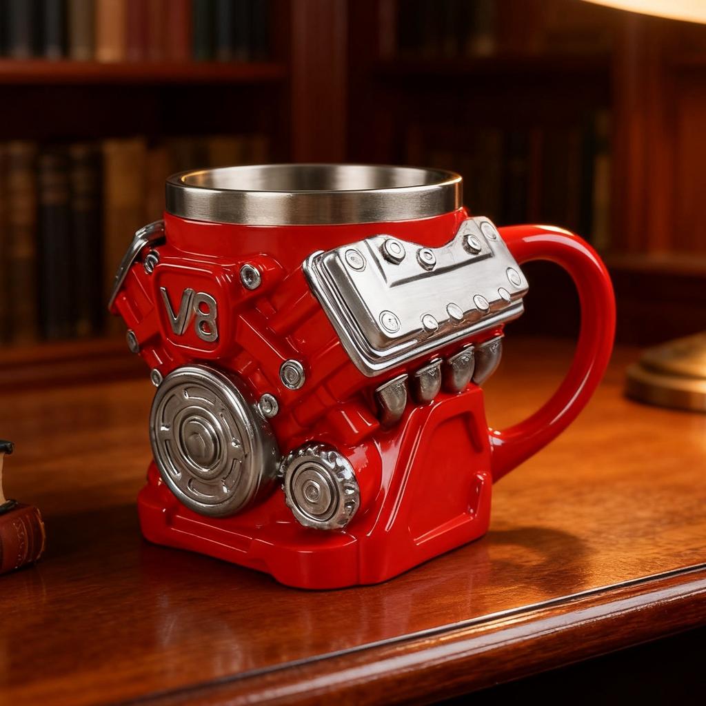 300ml V8/V6 Retro Engine Stainless Steel 3D Coffee Mug,Resin Creative Engine Shaped Cup,Gifts For Car Enthusiasts
