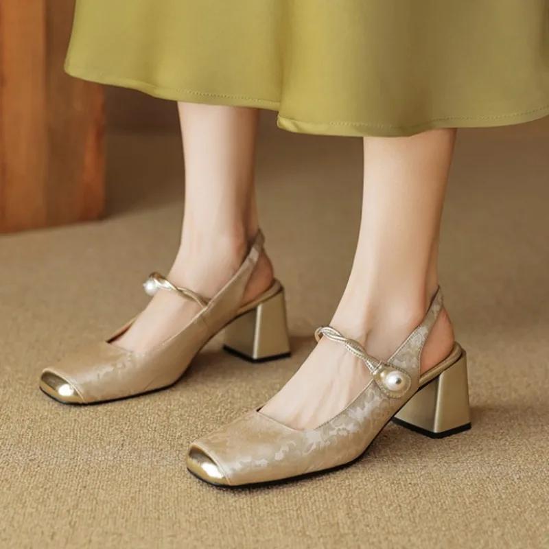 Módní nové dámské boty na podpatku, letní čtvercová špička, robustní podpatek, boty slingbacks pro ženy, sexy šaty, párty, dámské boty na vysokém podpatku