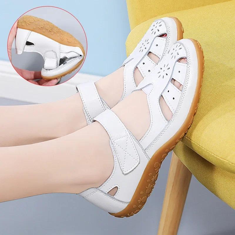 Summer Hollow Sandals Women's New Fashionable Leather Flat Shoes, Soft Sole Anti Slip Casual Oversized Sports Sandals