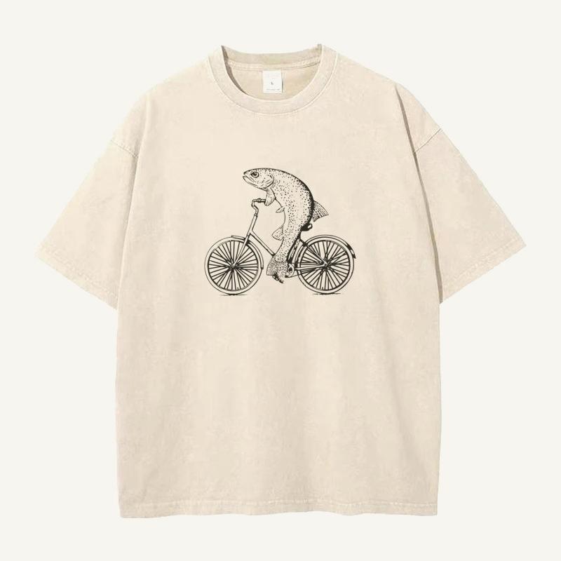 Washed Shirt Bicycle Trout Valentines Day Round Neck Womens Retro Tshirt Regular New Style Women Clothing Fashion YK Top