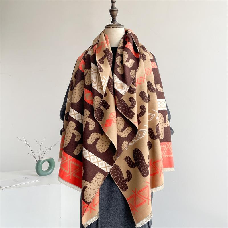 Imitation Cashmere Scarf Women's Nordic Style Decoration Warm Dual-purpose Double-sided Shawl Creative Printing Fringed Autumn and Winter Scarf