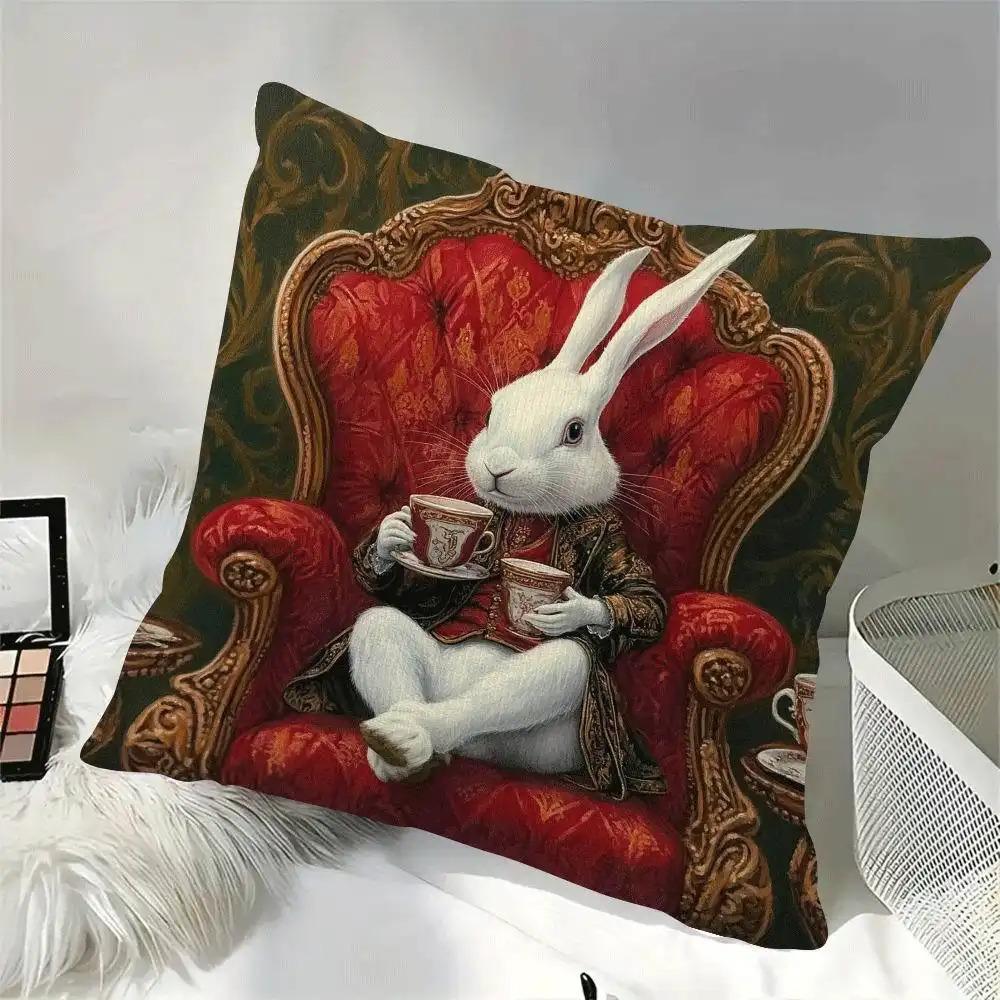 1Pc Vintage Gentleman Rabbit Tea Time Throw Pillow Cover,Suitable For Sofa,Bedroom,Living Room,A Retro Gift For Rabbit Lovers