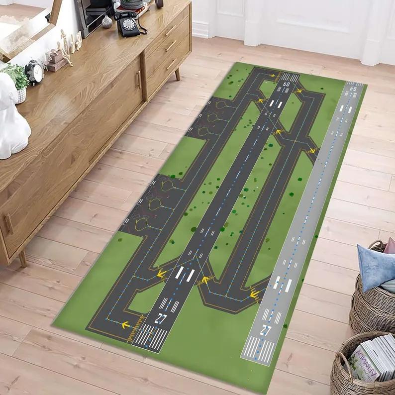 Kids City Road Runner Rug Colorful Cartoon Town Pattern Floormat Airplane Runway Children's Playroom Anti-Slip Rug