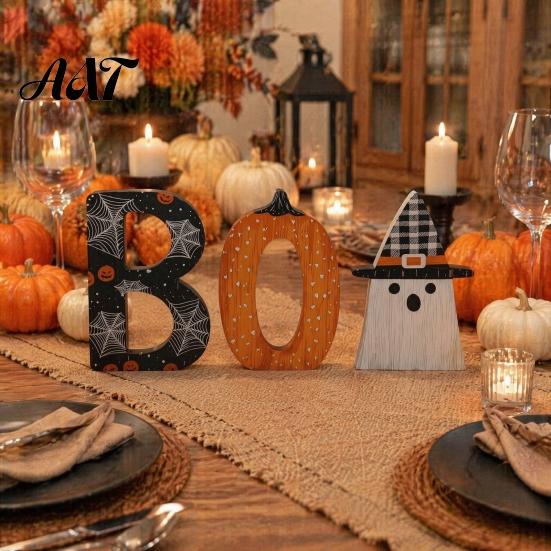 Playful Halloween Desktop Decorations Wooden BOO Ornaments, Lettering Decorations, Rustic Bat Pumpkin Ghost Small Ornaments for Windowsills