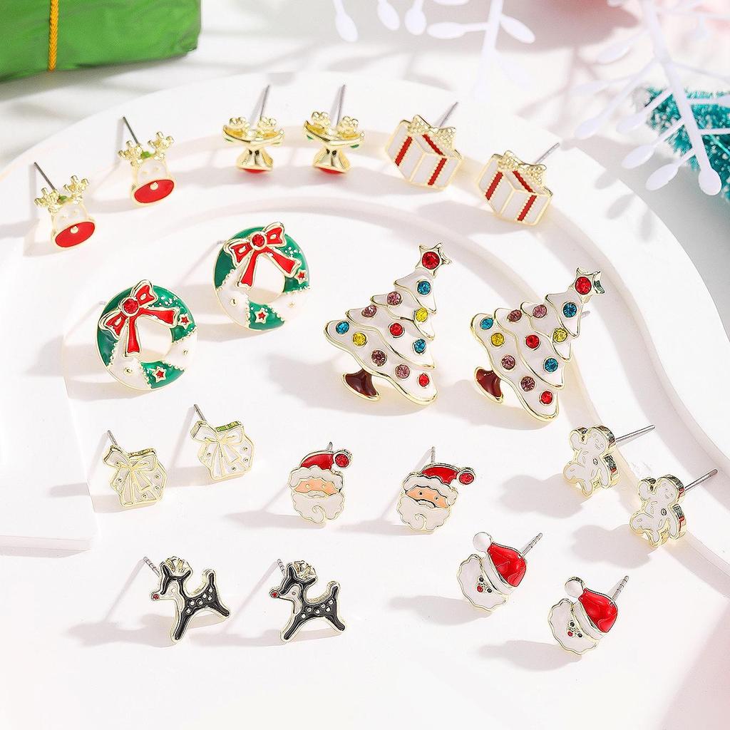 Festive Christmas Tree Stud Earrings with Colorful Enamel and Diamond Inlay