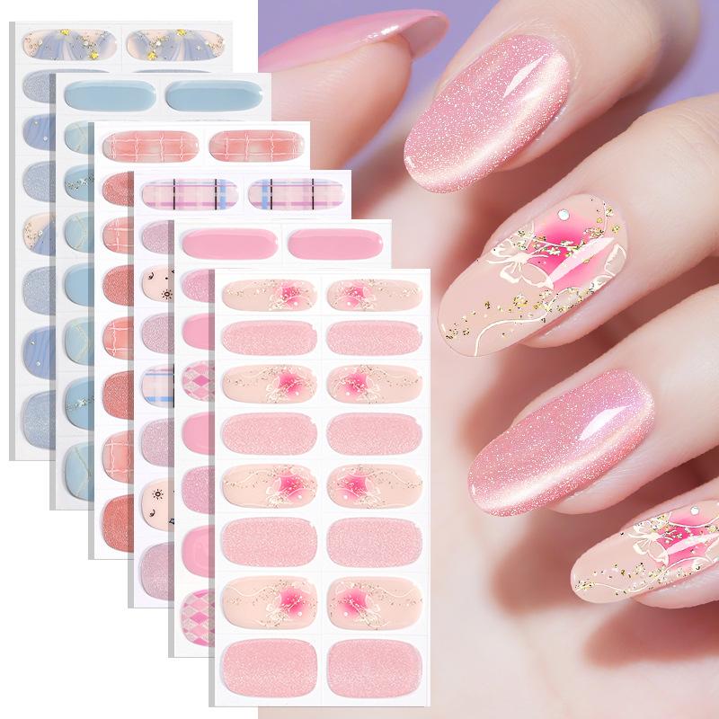 Flashing Light Bulbs, Spotlight Cat-eye Gel Nail Stickers, Butterfly Checkered Pattern, Semi-cured UV Nail Stickers