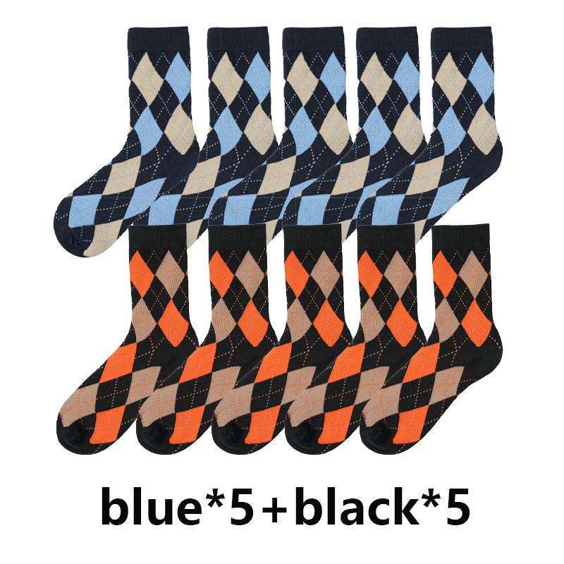 10 par/parti Damstrumpor med ränder Hög kvalitet Rutmönster Diamantmönster Harajuku Kammad Mellanhöga Färgstarka Bomullsstrumpor