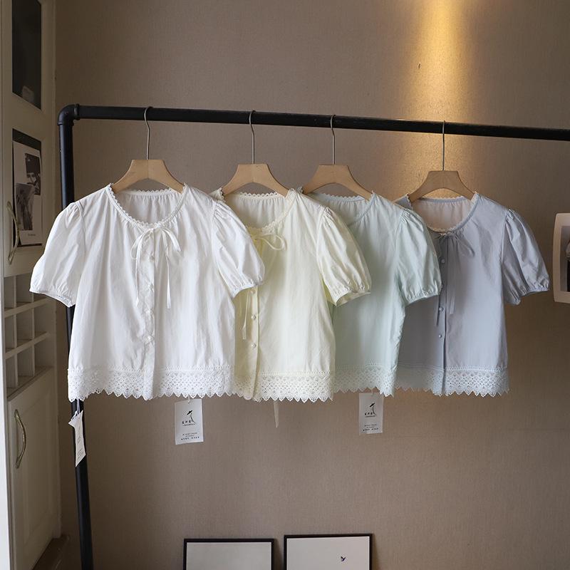 Bi Zheng 2025 Summer Korean Style Lace Patchwork Bubble Sleeve Tie-Up Shirt