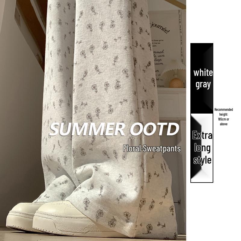 Floral High-Waist White Wide-Leg Sweatpants for Women - Spring, Autumn & Winter