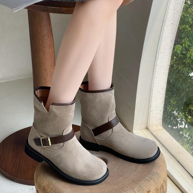 Retro frosted Martin boots women's autumn and winter versatile round head one-pedal medium tube thick heel British style short boots