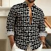 Men's Lapel Long-Sleeved Shirt with Printed Greek Key Pattern, Stylish, Handsome, Vintage, and Comfortable Men's Top.