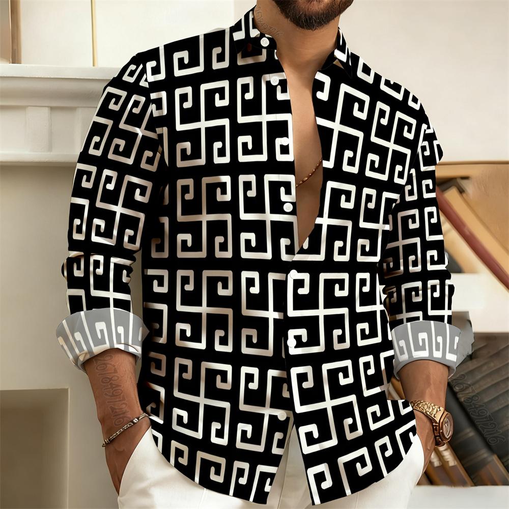 Men's Lapel Long-Sleeved Shirt with Printed Greek Key Pattern, Stylish, Handsome, Vintage, and Comfortable Men's Top.