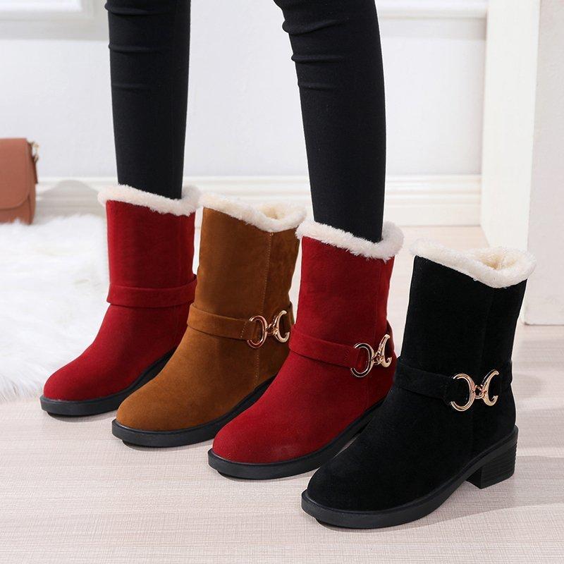 2025 Autumn and Winter Thick Heel Velvet Warm Snow Boots Women's Short Boots Wish Foreign Trade Fashion Simple Suede Thickened Cotton Shoes