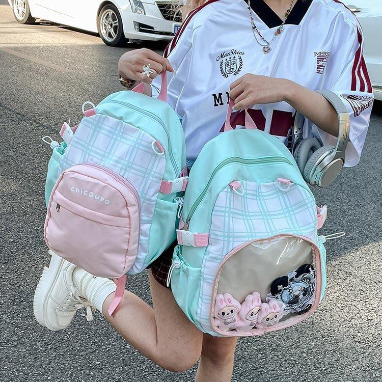 

Color Block Plaid Backpack Women Large Capacity Anime Detachable 2 Way Doll Bag Ita Bag Ladies Sweet Multifunctional Daypack New 35x41x12cm розовый