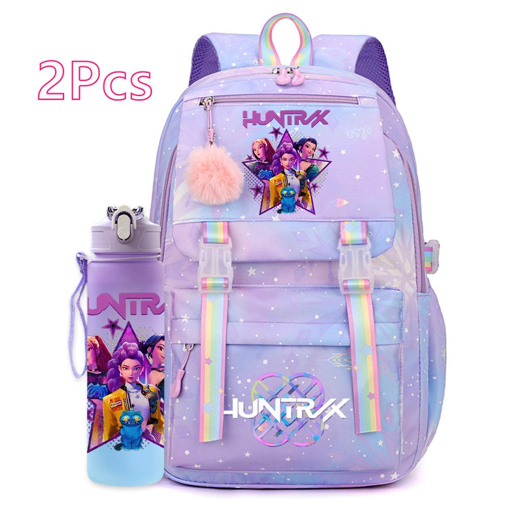 2Pcs/set New Anime Kpop Printed Backpack with 750Ml Water Bottler Large Capacity Travel Bag for Teenager Girl Boy Bookbag Kid Gift Large Capacity Bag
