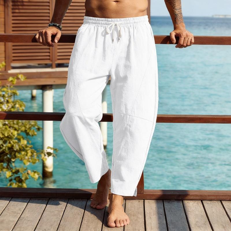 

Mens Solid Color Drawstring Waist Casual Linen Pants S белый