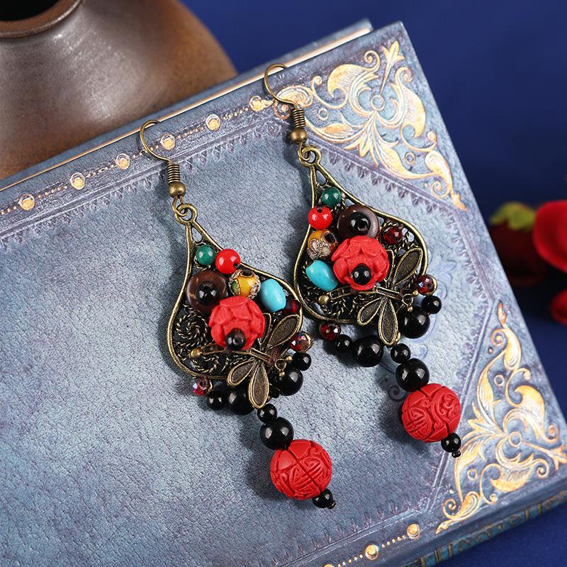 Handmade retro cinnabar flower necklace sweater chain long female temperament classical earrings set with accessories