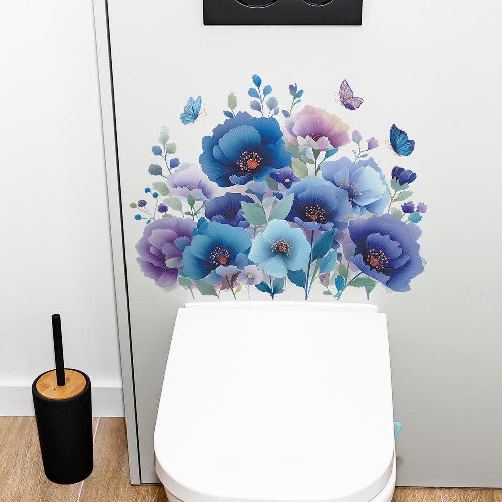 Hand-Painted Blue Purple Floral and Butterfly Wall Sticker Elegant Dreamy Self-Adhesive Removable Decor for Bedroom Home
