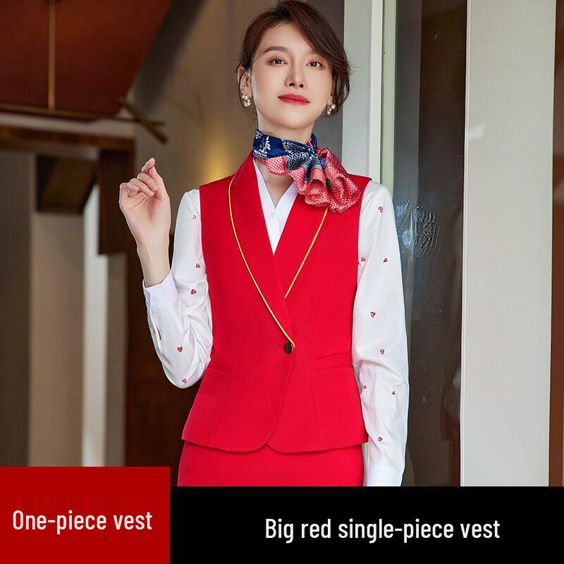 China Southern Airlines Flight Attendant Professional Suit: High-End Rose Red Vest and Dress Reception Uniform