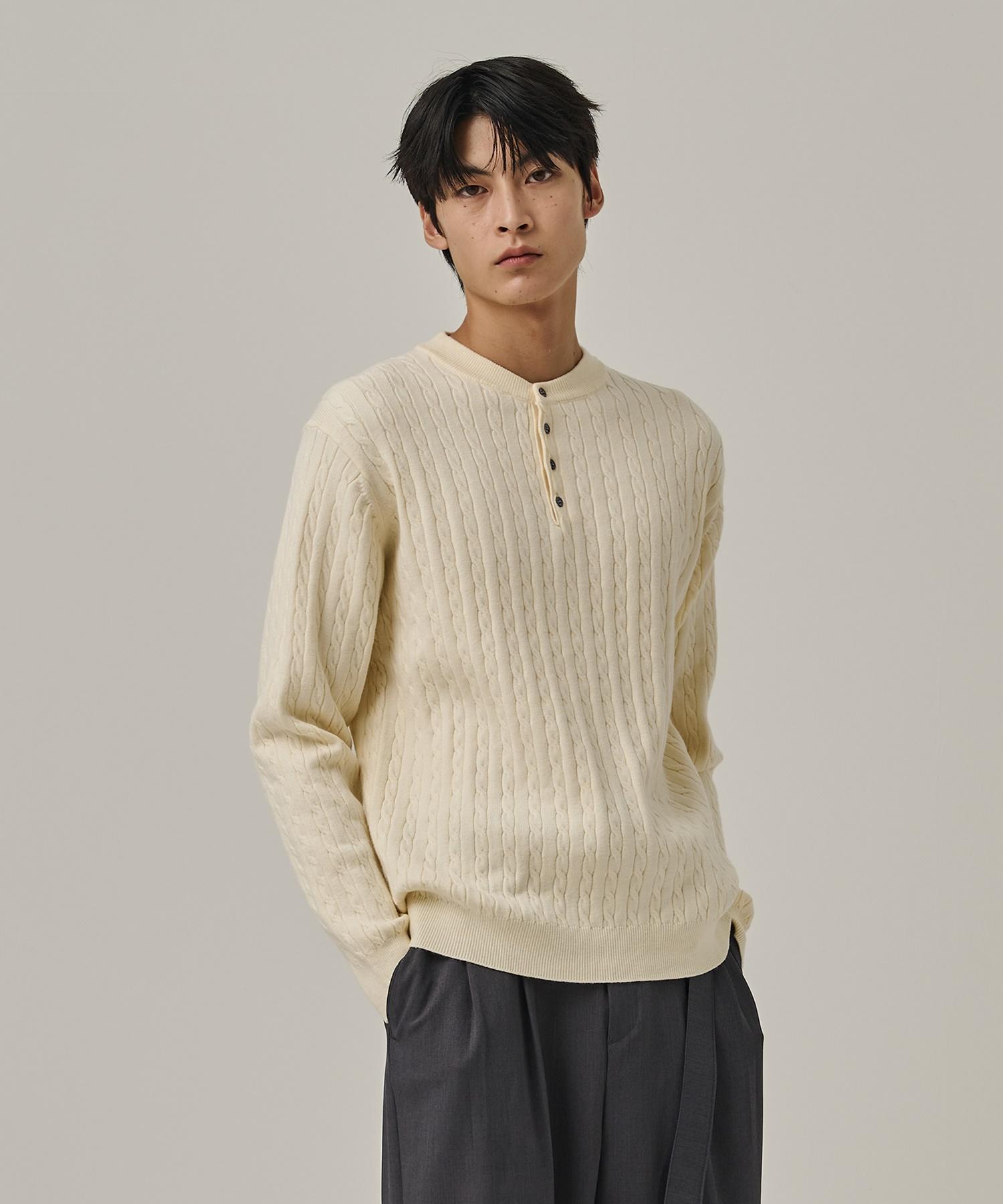Analog Mood Washable Cable Henley Neck Knit T-Shirt (Cream) Free