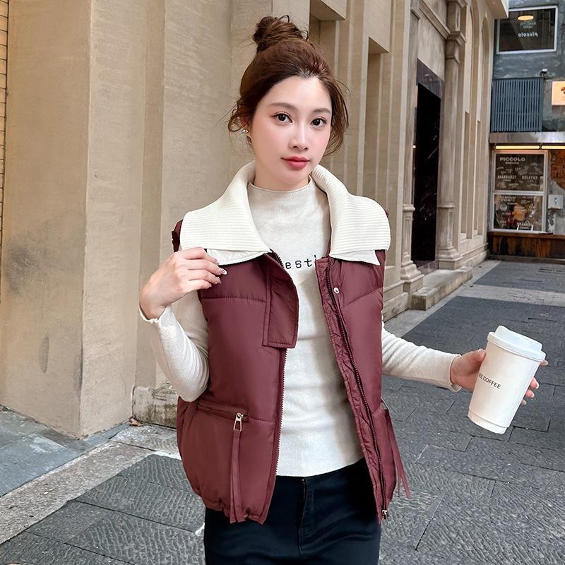 

Вязаный воротник пуховый хлопковый жилет женский осенне-зимний короткий свободный хлопковый жилет хлопковая куртка жилет стойка воротник жилет верхняя одежда XXL бордовый