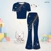 Girls Round Neck Short Sleeve Printed Top And Flared Pants Navy Blue Two Piece Set
