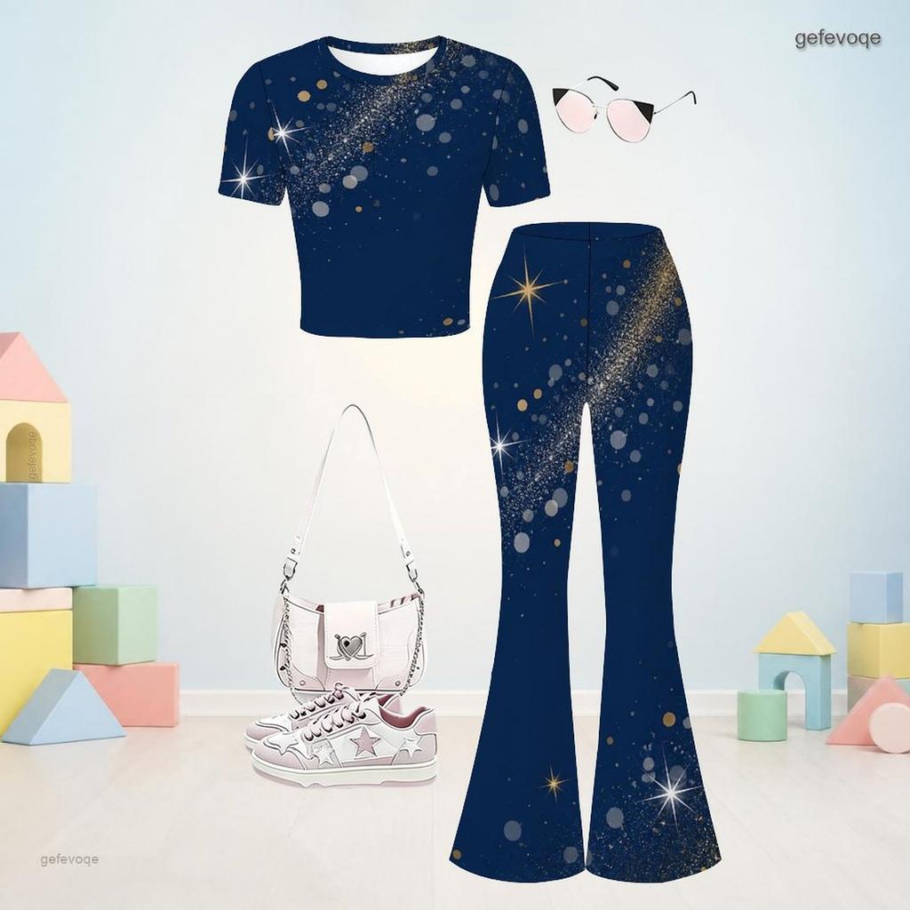 Girls Round Neck Short Sleeve Printed Top And Flared Pants Navy Blue Two Piece Set