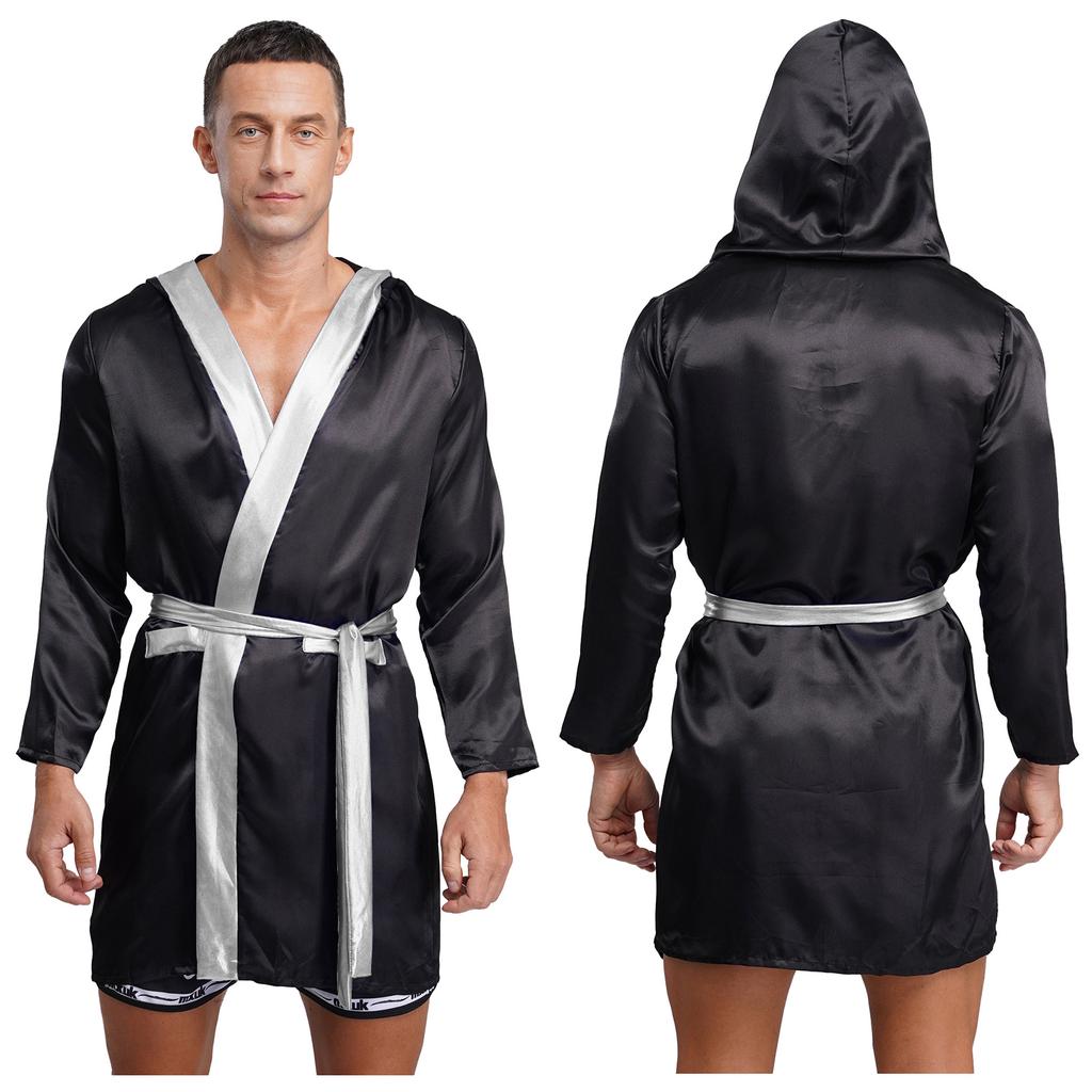 Mens Satin Hooded Cloak Shiny Trim Open Front Belt Boxing Robe
