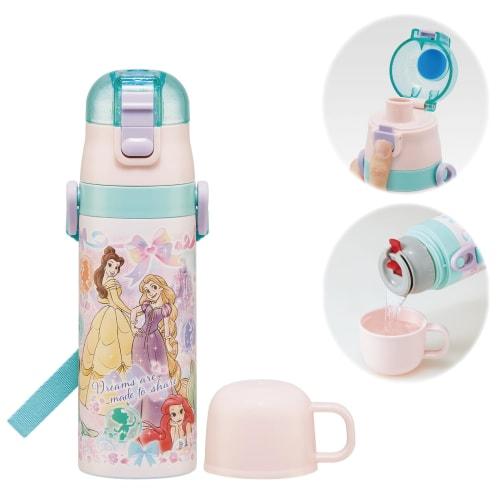Skater Children's Water Bottle, 2-Way, 470ml (Direct Drinking) or 430ml (Cup Drinking), Disney Princess Design, Size 25, Girls, Stainless Steel, Insul