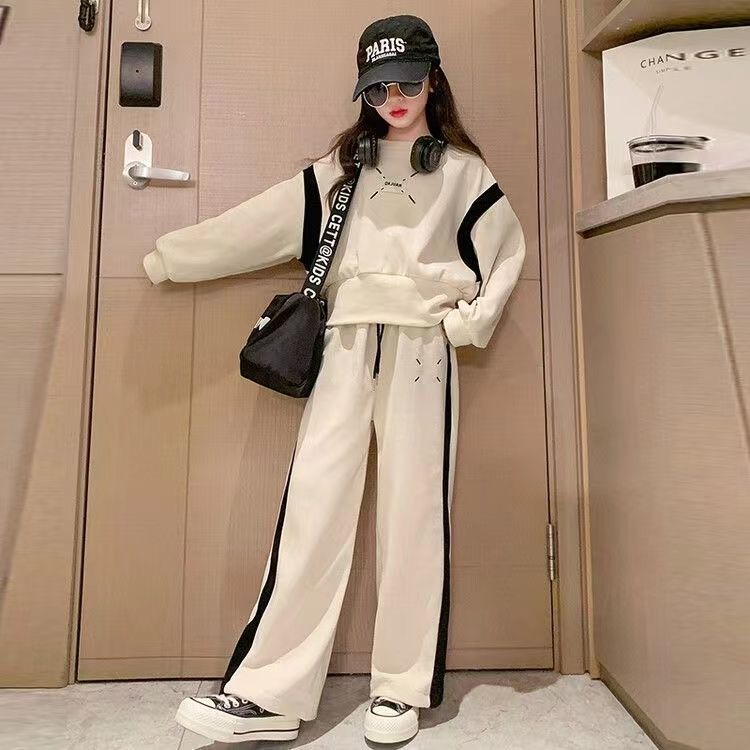 סטים לבגדי בנות לילדות אביב וסתיו קפוצ'ון עם שרוולים ארוכים מכנסיים רחבים חליפות בגדים לילדים 6 8 10 12 14 שנים