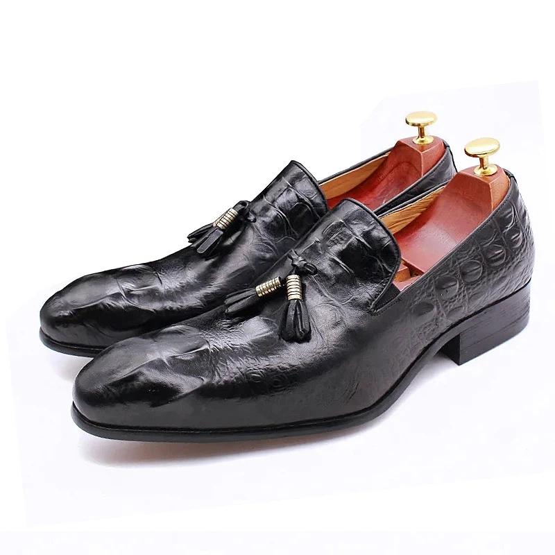 Fashion Men's Genuine Leather Tassel Loafers Black Formal Slip-On Dress Shoes Wedding Men's Footwear 2025 Style