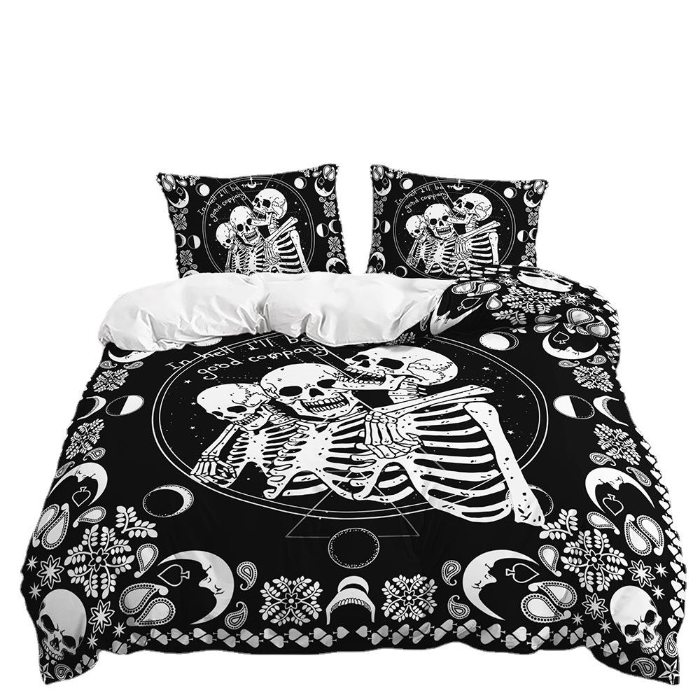 Three-Piece 3D Quilt Cover Rose Skull Dark Wind Kit Bedding