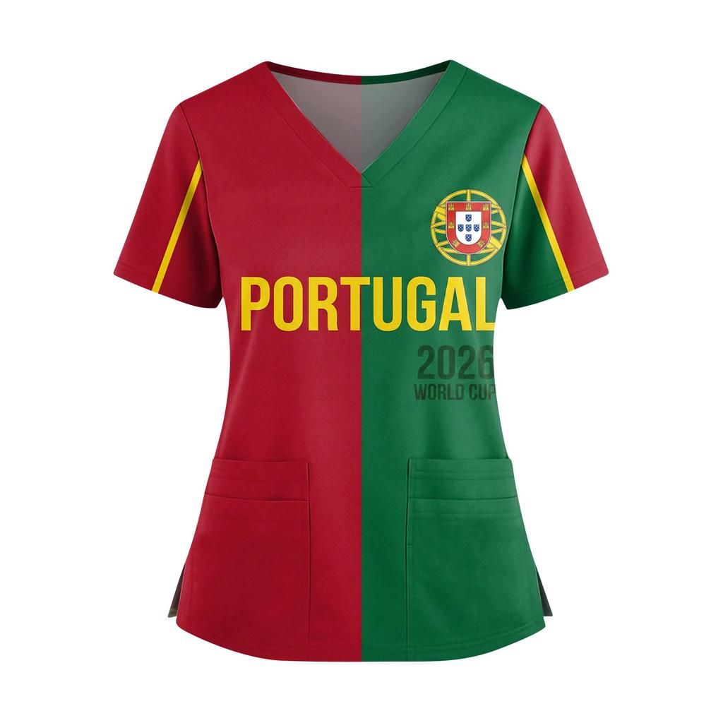 Women's V-Neck Short Sleeve Work Top with Pockets and Side Slits, Soccer Flag Print