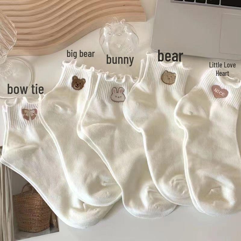 

Женские кружевные носки в японском стиле с милым медвежонком — весенний и летний милый мультяшный принт с деревянными ушками по краю. One Size, Sheer Socks