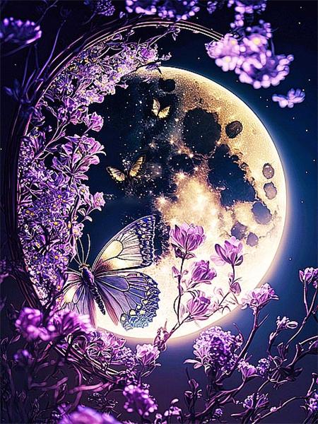 Full Square Round Diamond Painting New Moon Flower Decor Home Embroidery Mosaic Fantasy Butterfly Landscape Home Decor