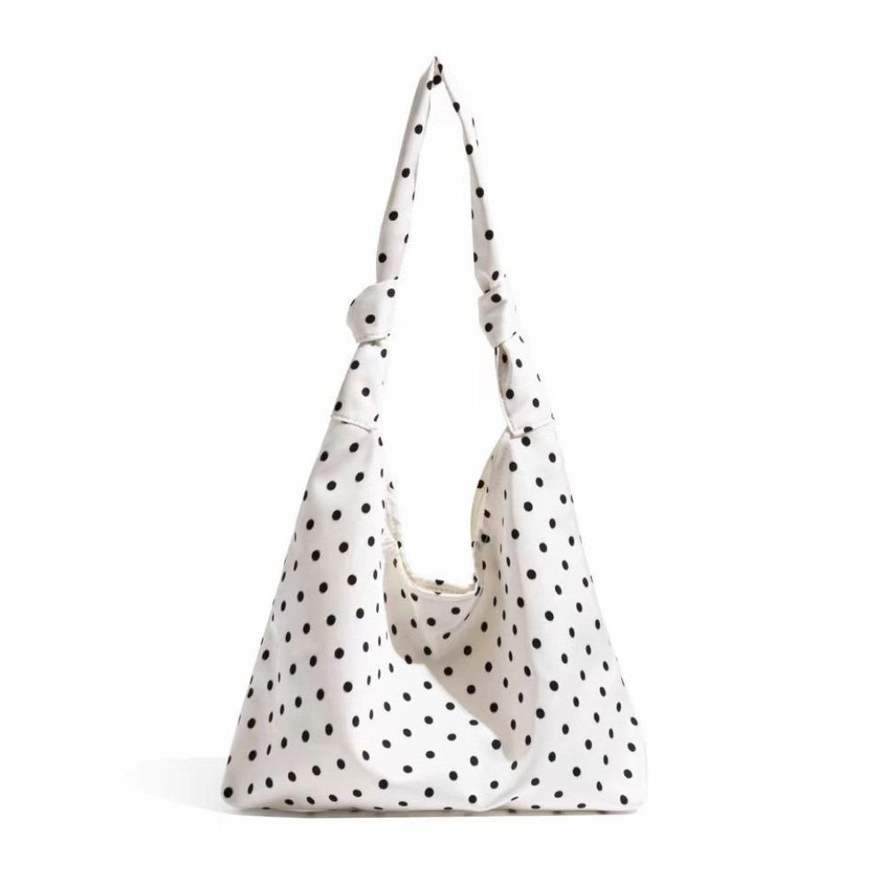 

Large Capacity Polka Dot Tote Bag Spacious Bow Tie Handbag Travel Canvas Shoulder Bag Daily Use белый